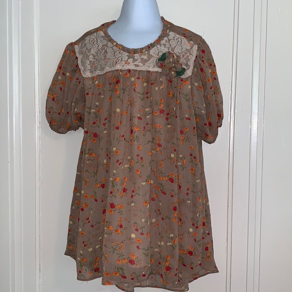Bonnie Jean brown floral dress with lace at neck